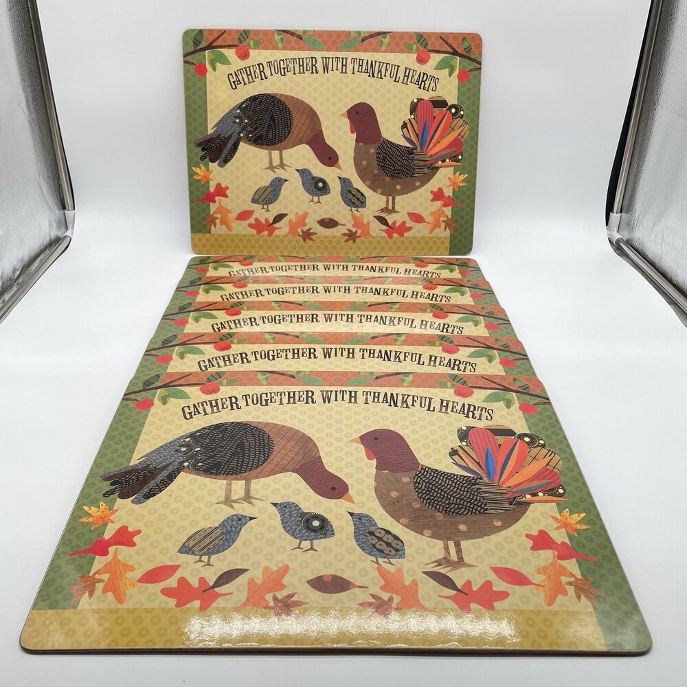 Pottery Barn Kids Turkey Placemats Set of 6 Thanksgiving Cork Back 15.5x11.5